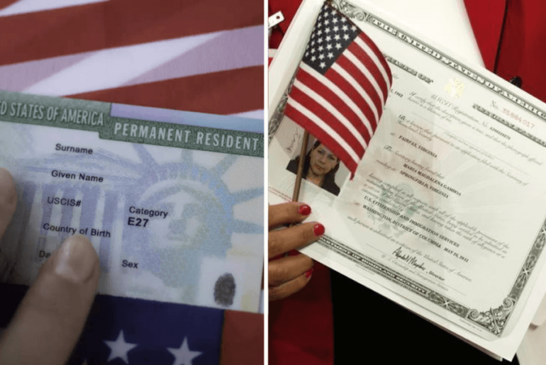 Person holding permanent resident card and naturalization certificate