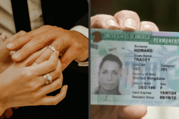 left picture is of two hands where one is putting a wedding ring on and right picture is a green card